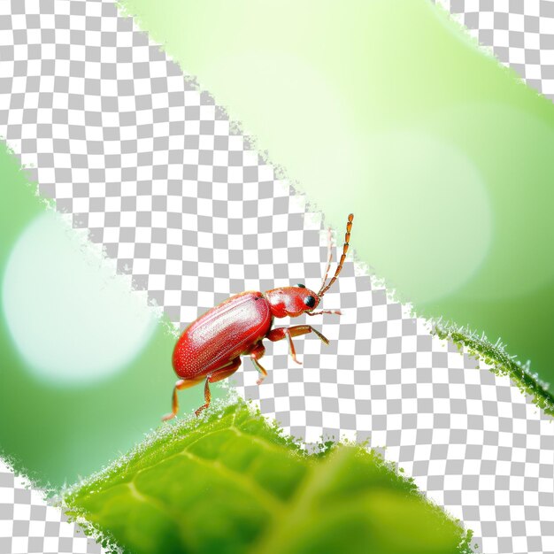 Close up of a tiny scarlet bug on lush foliage