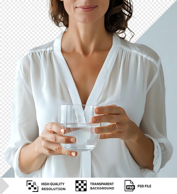 Close-up van blanke vrouw draagt witte blouse met drinkwater glas in haar hand gezonde levensstijl gezondheidszorg behandeling concept