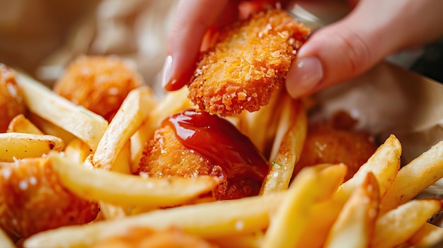 Close-up van Crispy Chicken Nuggets met frietjes en ketchup