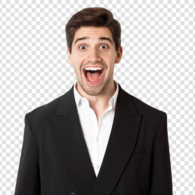 Close-up van een aantrekkelijke man in een zwart pak op een doorzichtige achtergrond