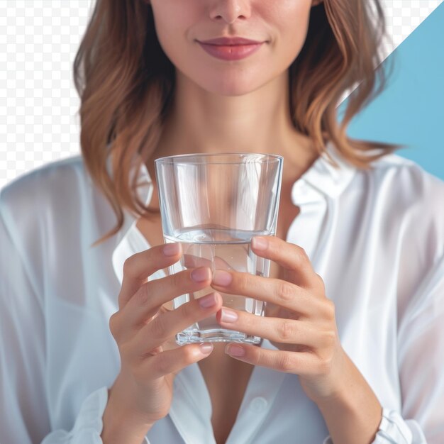 PSD close-up van een blanke vrouw in een witte blouse met een drinkwaterglas in haar hand geïsoleerd op een studio blauwe geïsoleerde achtergrond gezonde levensstijl gezondheidszorg behandeling concept