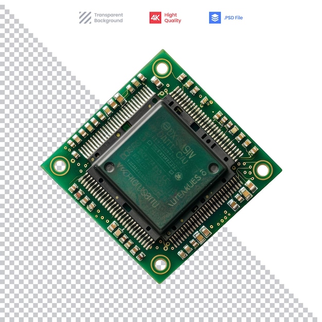 PSD close-up van een microprocessorchip op een witte achtergrond