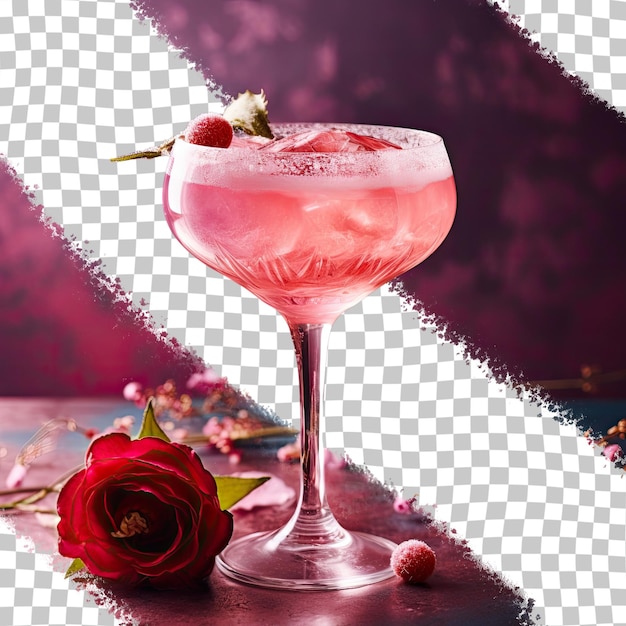 PSD close-up van een roze mocktail met roos en prosecco in een glas franse martini met verpletterd ijs op een glazen transparante achtergrond