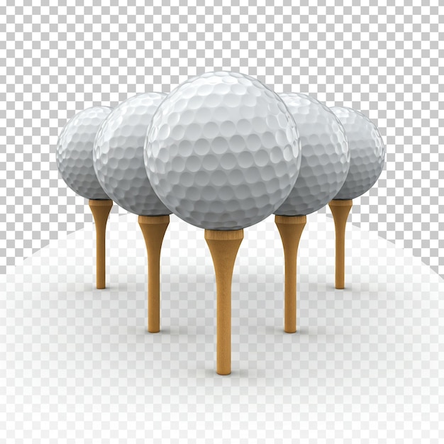 Close-up van golfballen op houten tees met een doorzichtige achtergrond