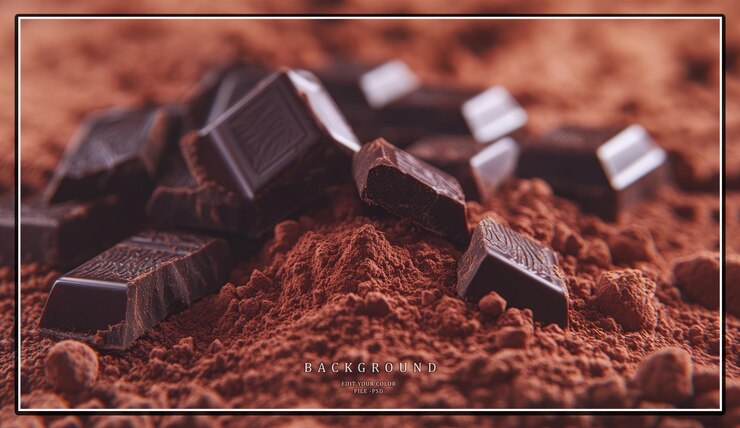 PSD close-up van stukjes donkere chocolade op een bed van cacaopoeder