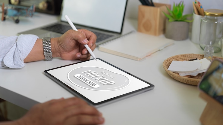 PSD close up view of businessman holding mockup digital tablet and stylus pen