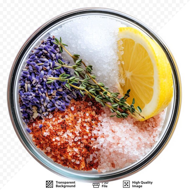 PSD close up view of different types of sea salt flavored with paprika herbs lemon and lavender in small round glass container