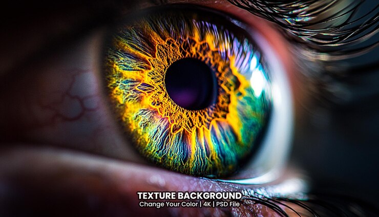 PSD close up view of female eye with multicolored eyeball texture background