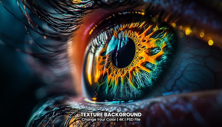 PSD close up view of female eye with multicolored eyeball texture background
