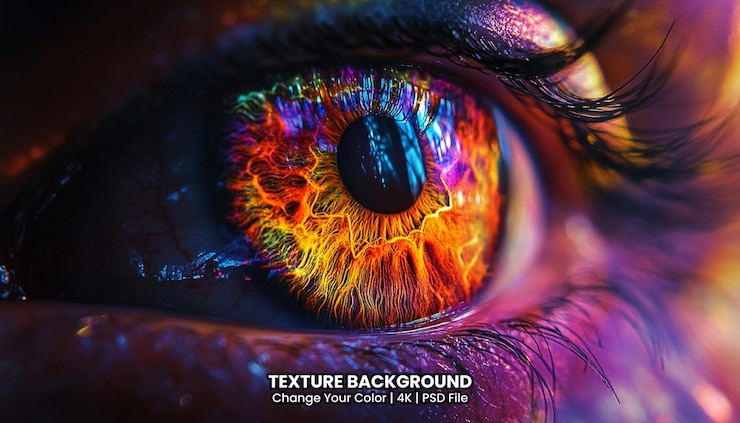 PSD close up view of female eye with multicolored eyeball texture background