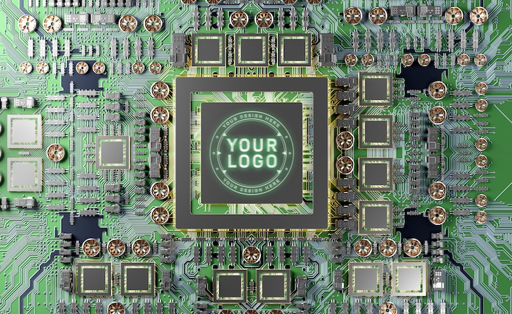 PSD close-up view on a modern gpu logo mockup