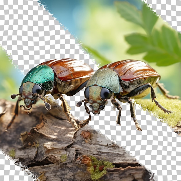 PSD Крупный план двух европейских жуков-вредителей melolontha на ветке клена летом на прозрачном фоне с двумя жуками-чиферами