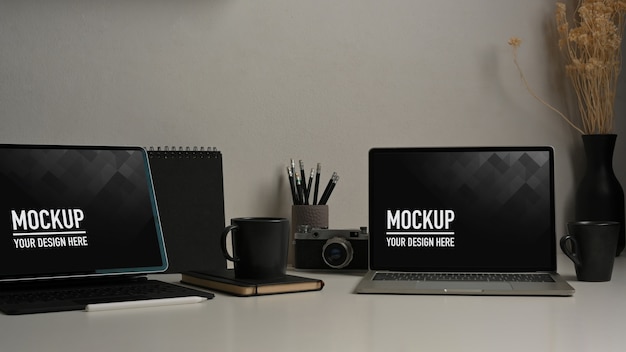 Close up view of worktable with laptop mockup