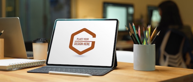 Close up view of worktable with laptop screen