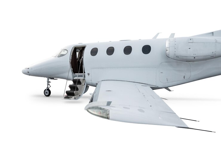 PSD close up of the white executive airplane with an opened gangway door isolated