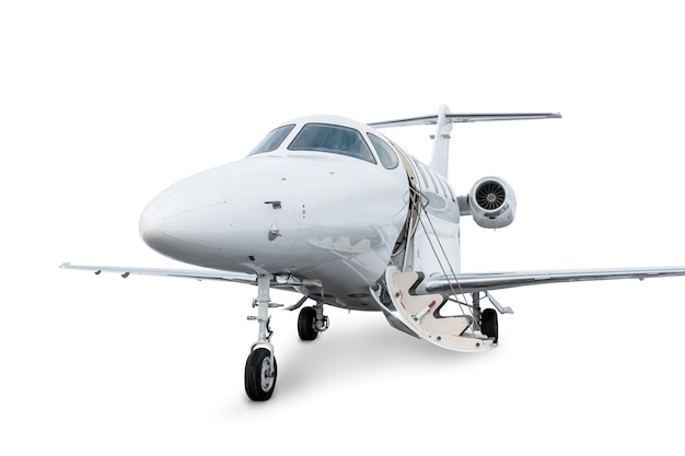 PSD close up of the white modern private jet with an opened gangway door isolated