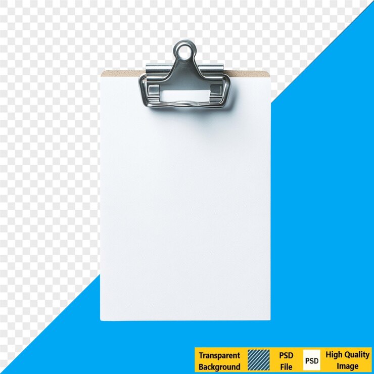 PSD close up of a white paper sheet held by a metal clip on a wooden clipboard