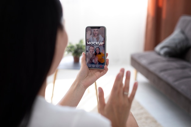 Close up woman family videocall