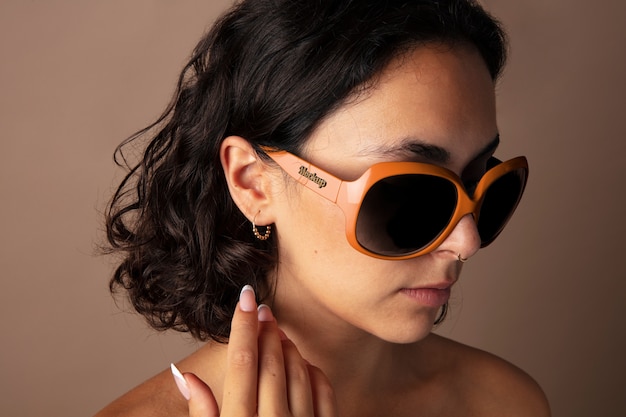 PSD close up on woman wearing sunglasses mockup