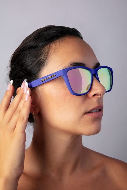 close up on woman wearing sunglasses mockup