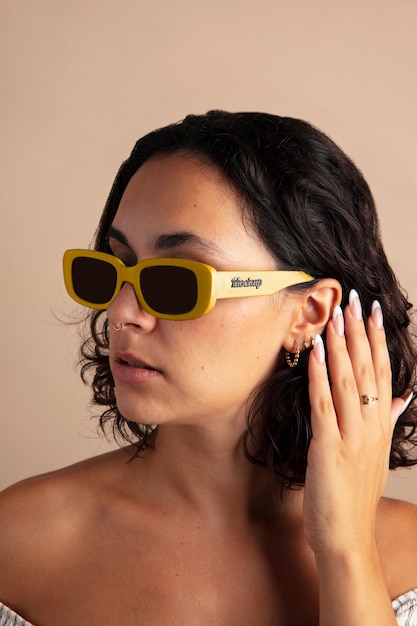 PSD close up on woman wearing sunglasses mockup