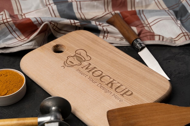 Close up on wooden cutting board mockup