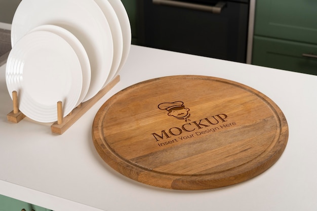 PSD close up on wooden cutting board mockup