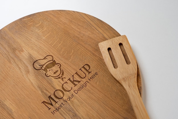 Close up on wooden cutting board mockup