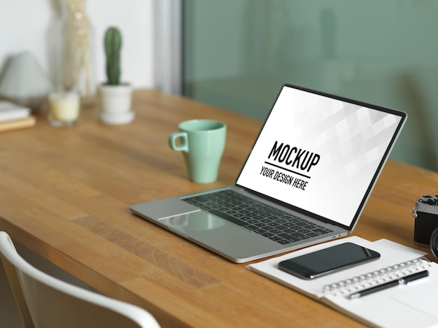 Close up on worktable with laptop mockup