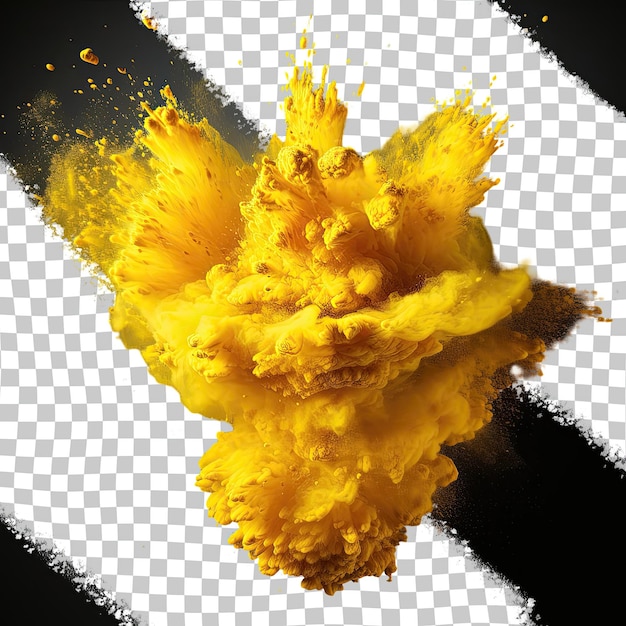 PSD close up of yellow powder exploding isolated on a transparent background