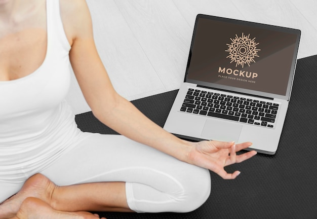 close up yoga branding with laptop