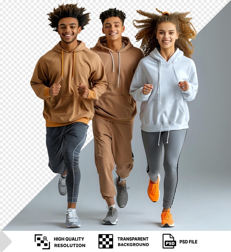 PSD close up of young couple exercising together in front of a gray and white wall with the man wearing a brown jacket and blue jeans and the woman sporting curly hair and orange shoes png psd