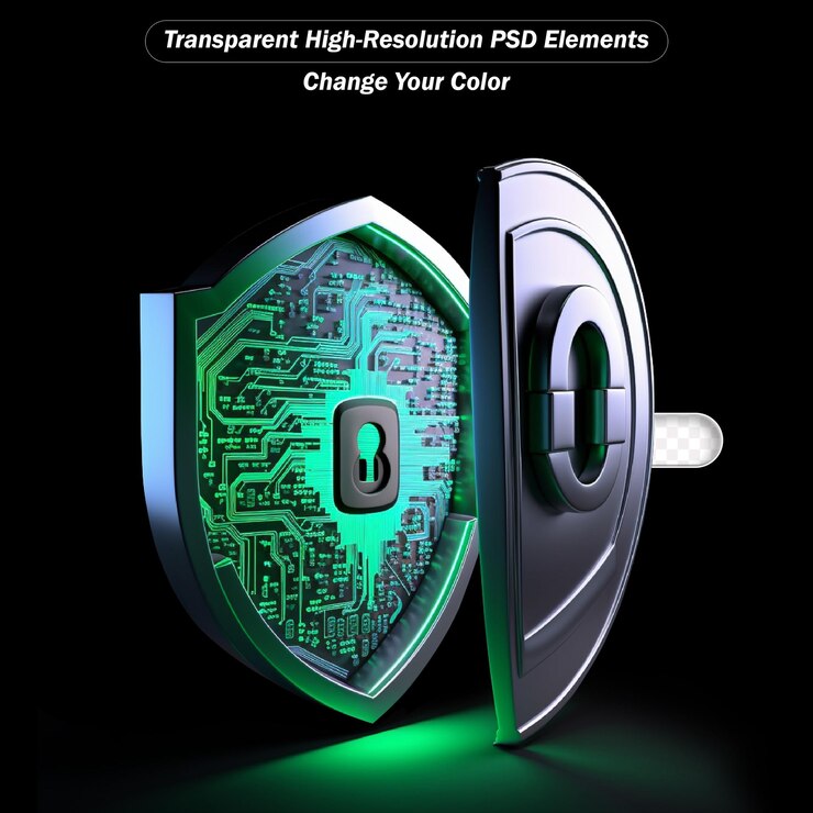 PSD closed padlock on digital background cybersecurity transparent