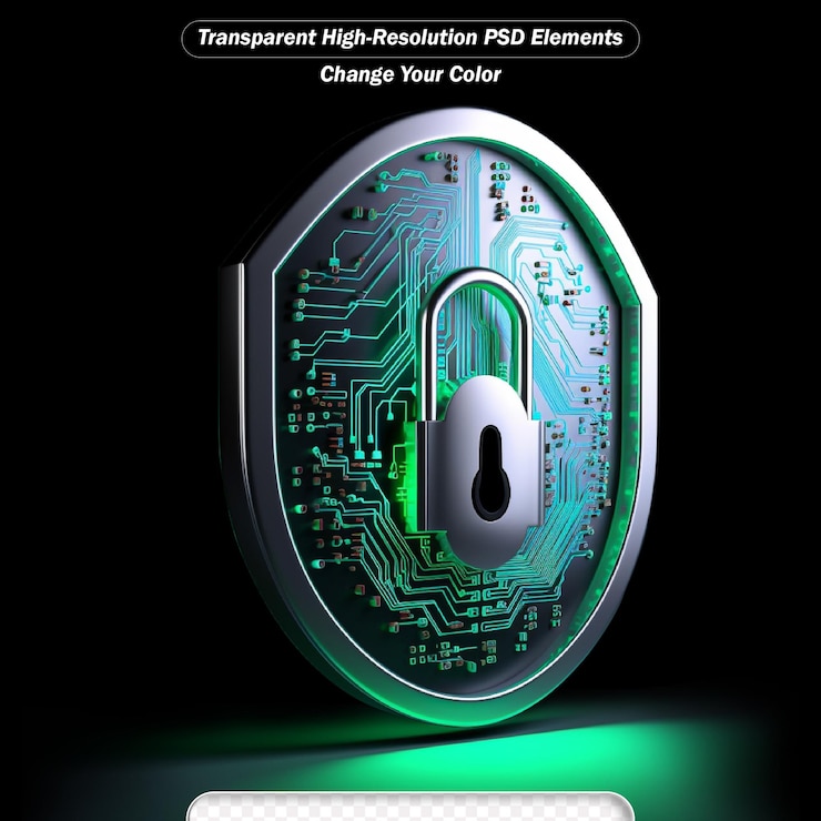 PSD closed padlock on digital background cybersecurity transparent
