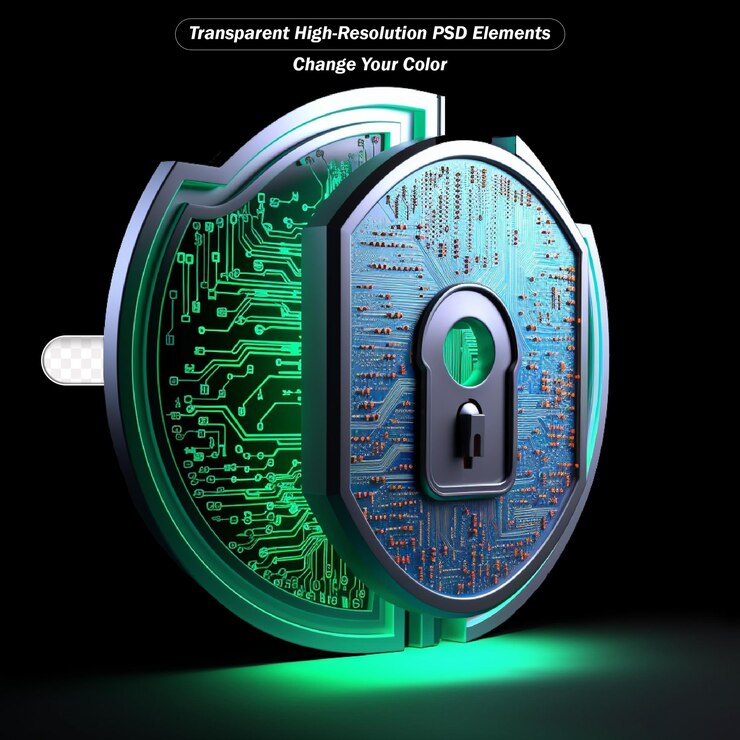 PSD closed padlock on digital background cybersecurity transparent