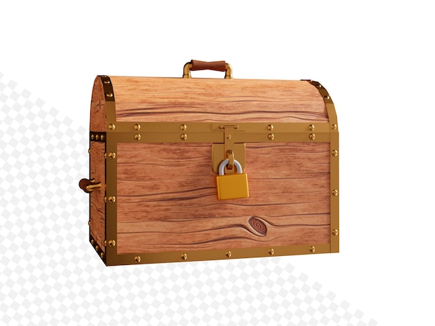 Closed wooden open chest with a gold rim 3d rendering illustration on white isolated background