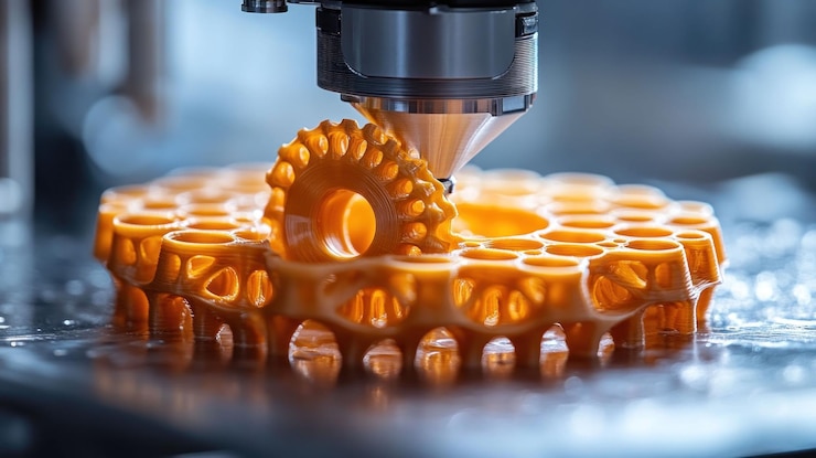 PSD closeup of 3d printer head creating intricate orange plastic lattice structure