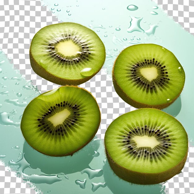 PSD closeup of 4 wet kiwi pieces transparent background