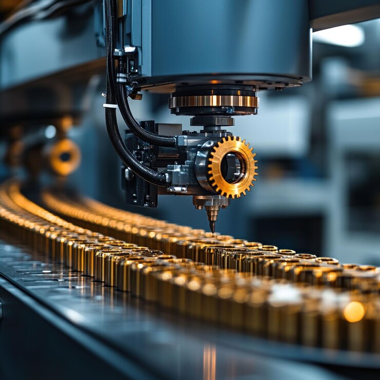 PSD closeup of automated industrial machinery processing metal parts on a conveyor belt