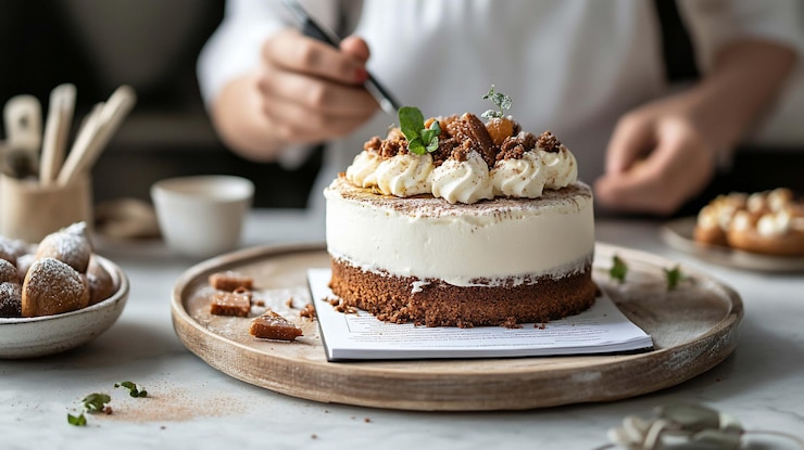 PSD closeup of a baker decorating a layered cake with whipped cream and crumble topping