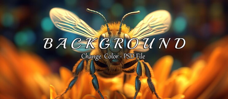 PSD closeup of a bee collecting pollen on a vibrant flower