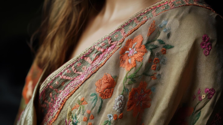 PSD closeup of beige embroidered fabric with floral detail