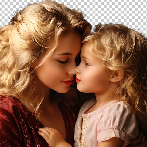 PSD closeup of a blond little girl kissing her mother lying on a bed