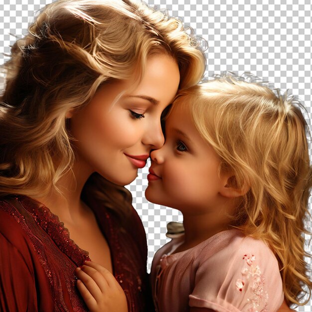 Closeup of a blond little girl kissing her mother lying on a bed