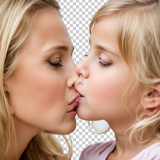 PSD closeup of a blond little girl kissing her mother lying on a bed