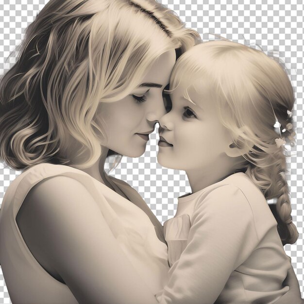 PSD closeup of a blond little girl kissing her mother lying on a bed