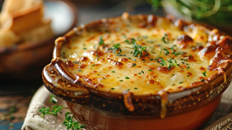 PSD a closeup of a bowl of french onion soup with melted cheese and thyme garnish