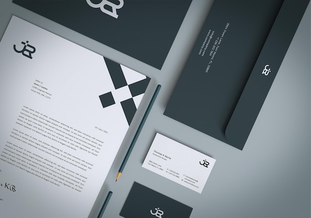 PSD design del mockup del set di cancelleria per il branding del primo piano