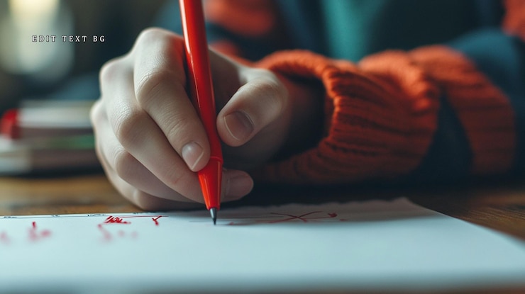 PSD closeup of childs hand writing with a red pen on paper