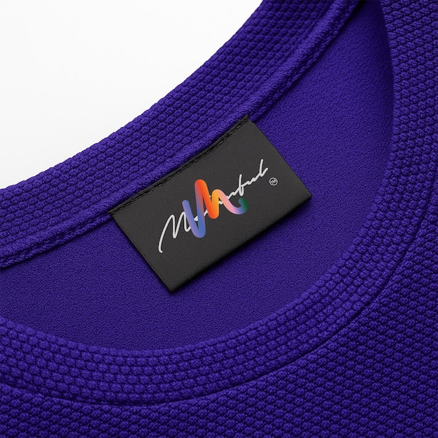 closeup of a clothing label sewn on a purple textured garment mockup